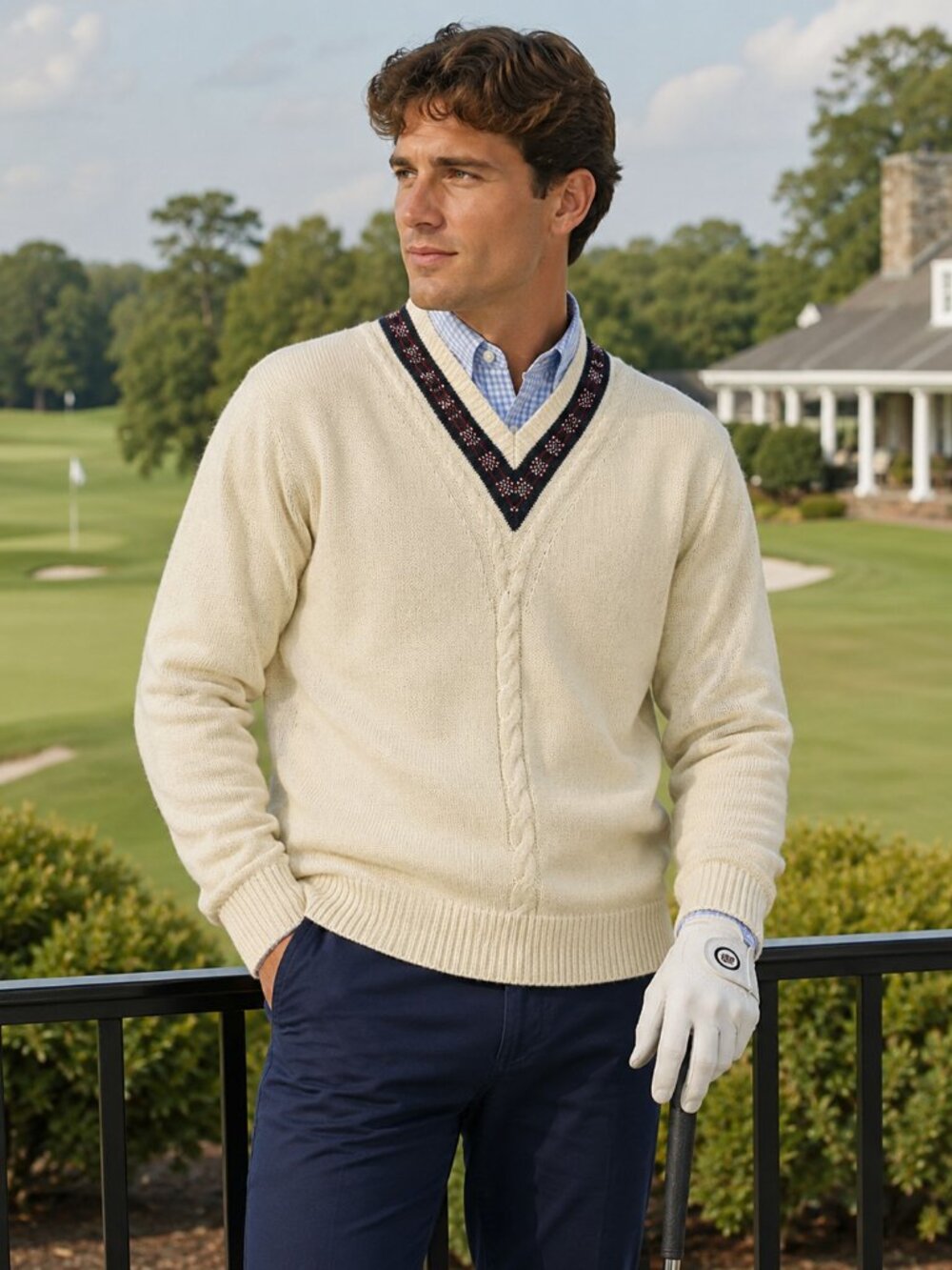 Northern Reflections Men’s Cream V-Neck Cable Knit Sweater Size L Preppy Classic